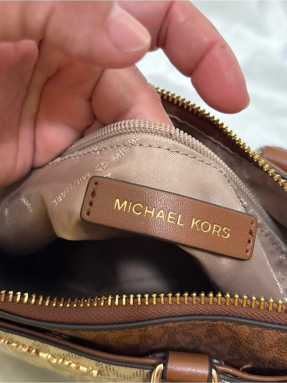 Michael Kors Beige Logo Satchel with Brown Trim and Gold Hardware